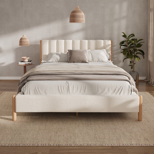 Queen Size Bed Frame with Boucle Upholstered Thick Headboard, Solid Wooden Legs, White  N757Q256985K