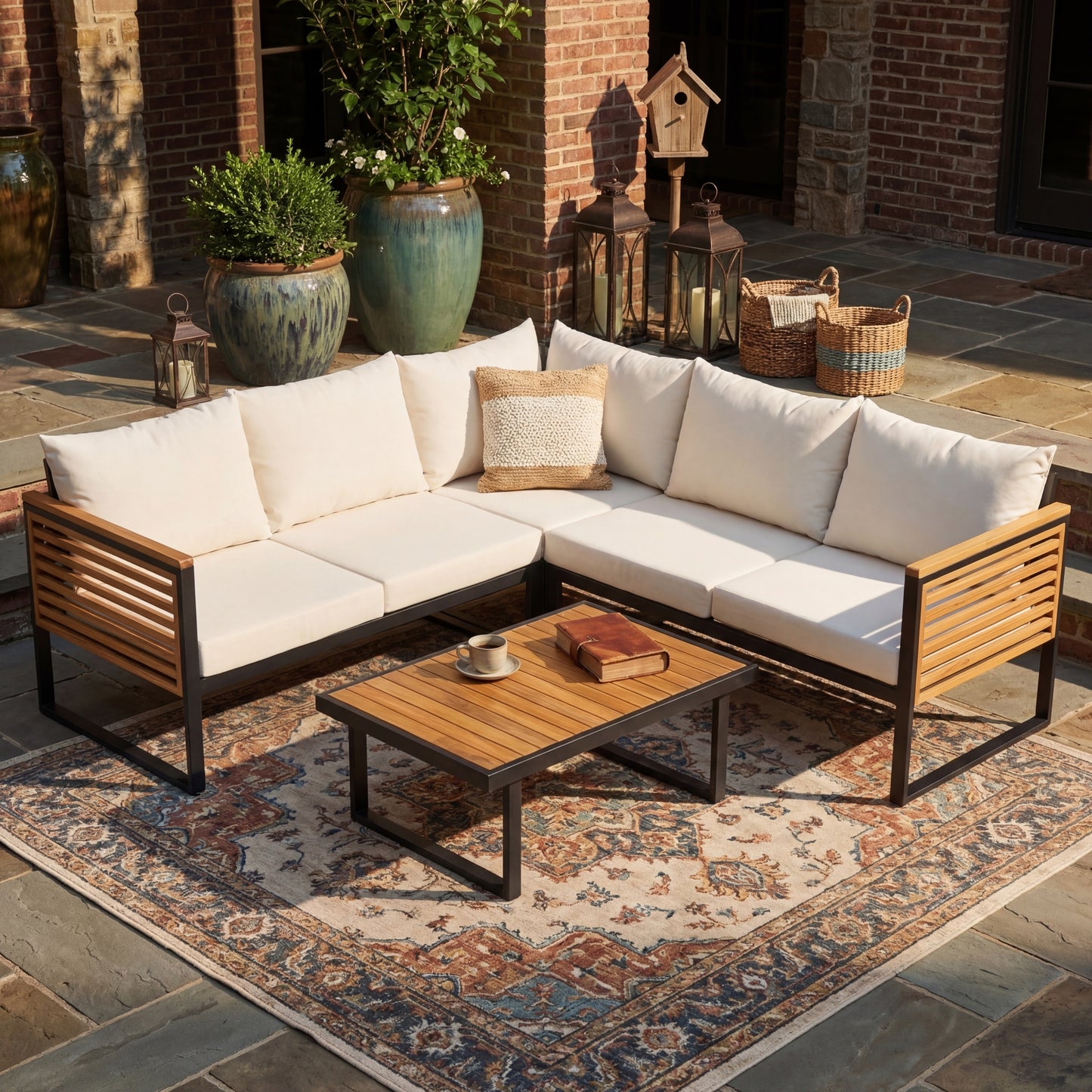 Outdoor 4pc Acacia Wood and Metal Patio Sofa Corner Set  N757S454250B