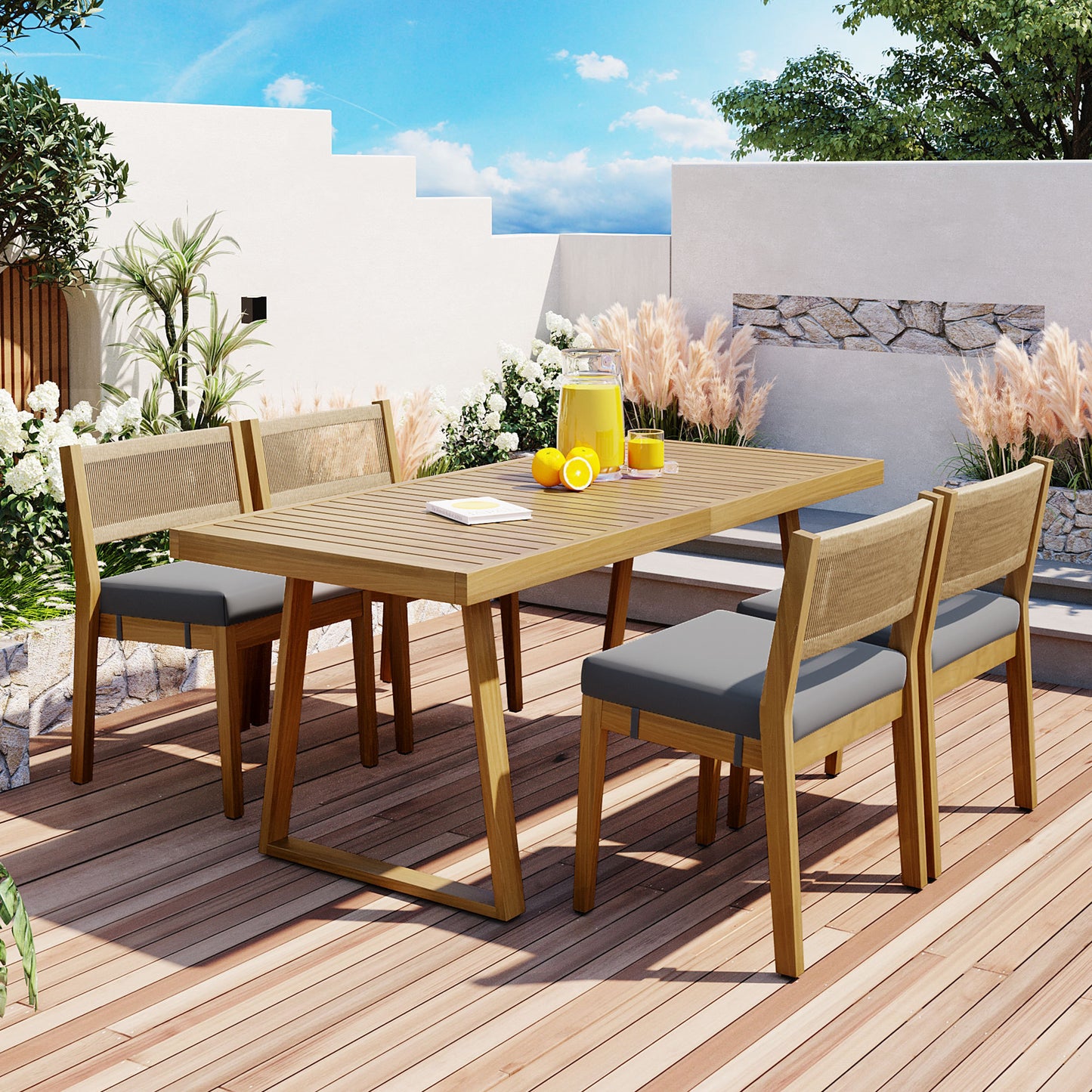 U_Style Multi-person Outdoor Acacia Wood Dining Table and Chair Set, Thick Cushions, Suitable for Balcony, Vourtyard, and Garden.  WY000393AAE