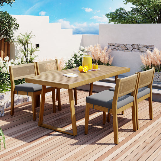 U_Style Multi-person Outdoor Acacia Wood Dining Table and Chair Set, Thick Cushions, Suitable for Balcony, Vourtyard, and Garden.  WY000393AAE