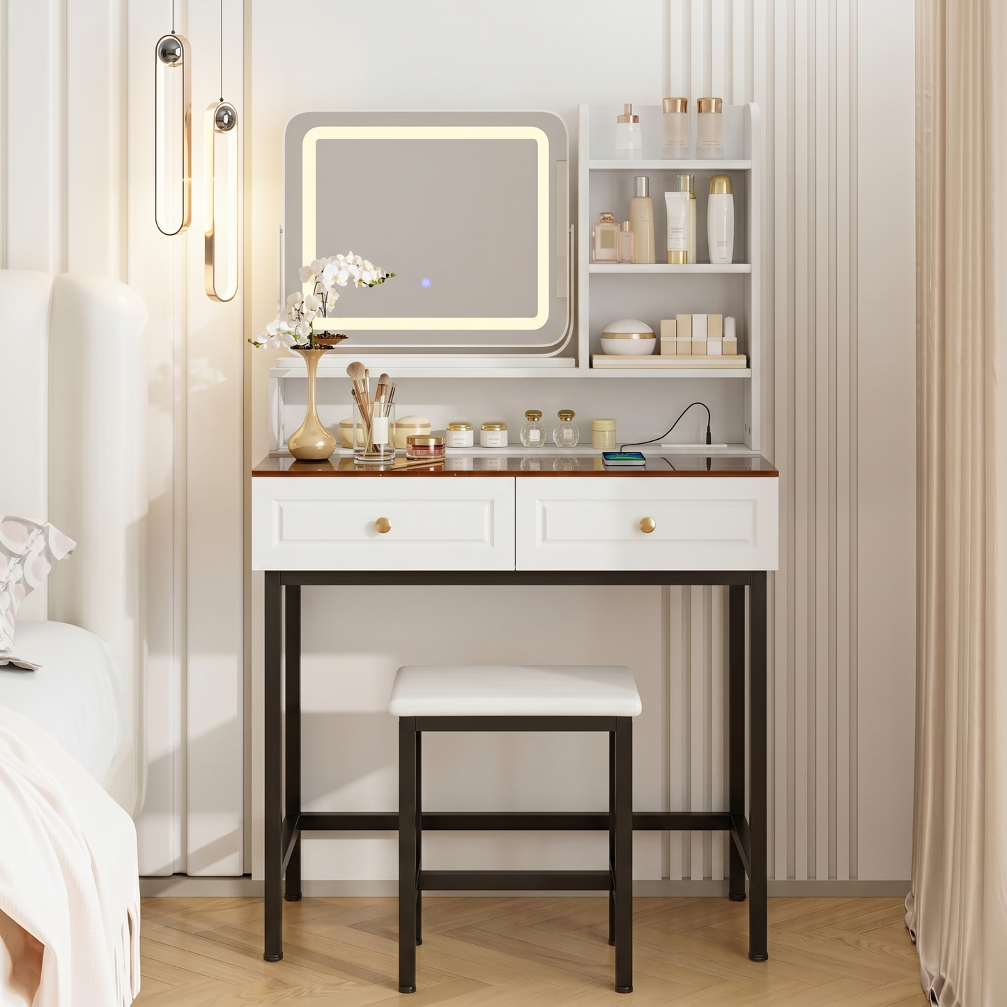 Makeup Vanity with LED Lighted Mirror,  360° Rotatable Mirror, Vanity Desk with 2 Drawers,Power Outlet and 3-Tier Shelves, Amber Glass Table Top, Dressing Table with Sturdy Metal Leg and  Stool, White  N704P385441K