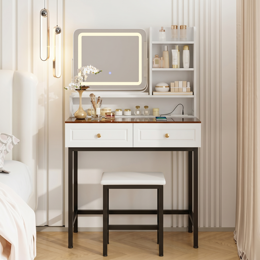 Makeup Vanity with LED Lighted Mirror,  360° Rotatable Mirror, Vanity Desk with 2 Drawers,Power Outlet and 3-Tier Shelves, Amber Glass Table Top, Dressing Table with Sturdy Metal Leg and  Stool, White  N704P385441K