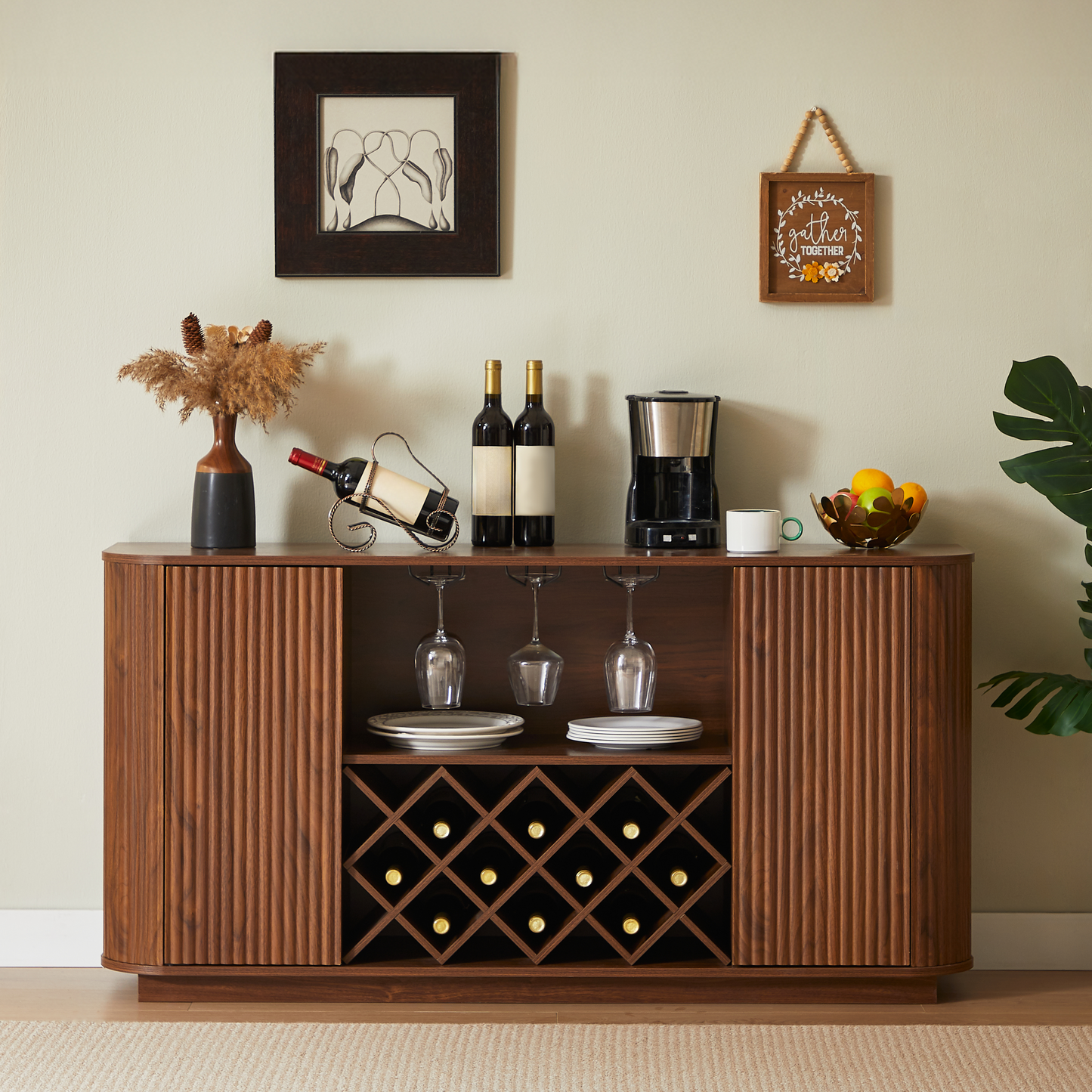 58' Modern Wavy Curve Sideboard-Multifunctional storage cabinet with wine rack and glassware holder, adjustable shelves for wine storage and coffee bar, suitable for kitchens and dining rooms.Walnut W1162P386373