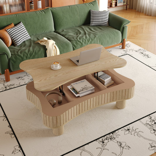 Lift Top Coffee Table for Living Room 42' - Fluted Panel Hidden Storage, Silent Hydraulic Lift, Curved Safety Corners, 5 Min Assembly (27'W x 13-18.9'H,Natural Wood) W1445P355621