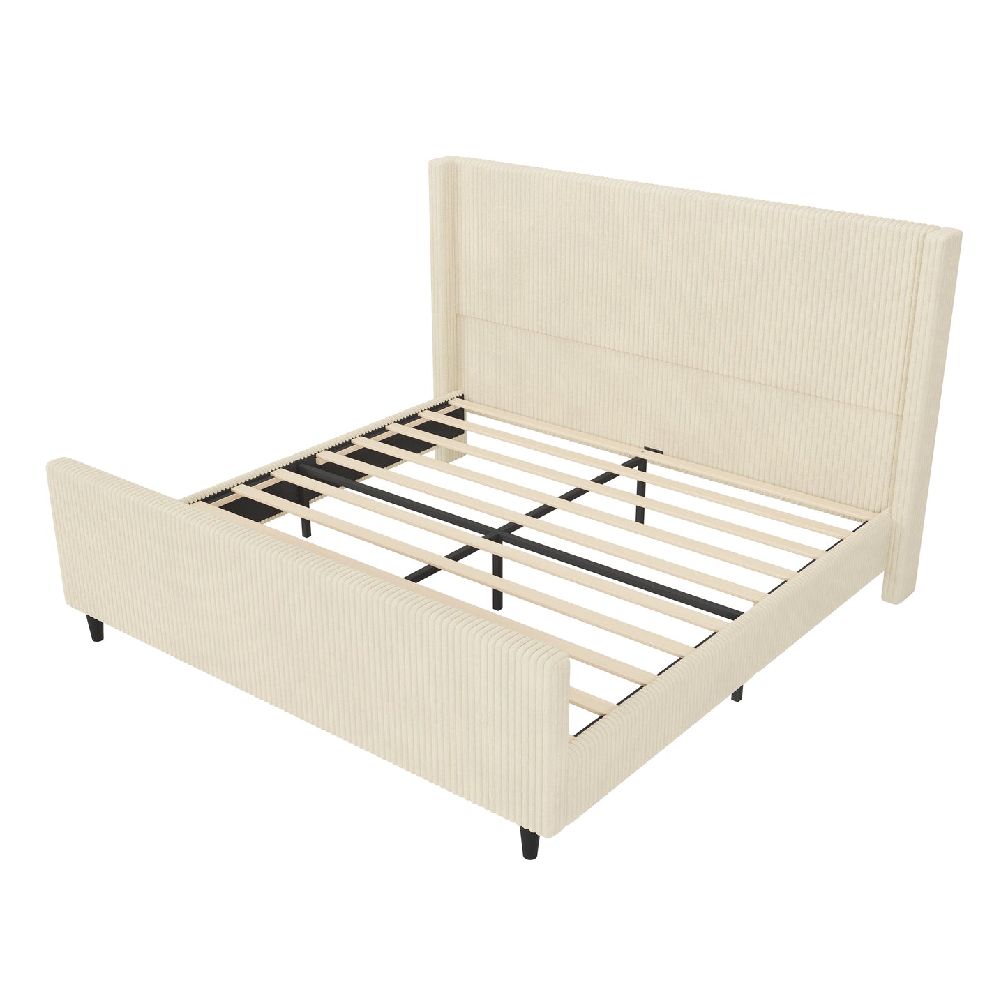 Corduroy Upholstered Bed Frame with Vertical Stripe Wingback and High Footboard, King Size, Cream, MDF & Metal N701P262271C