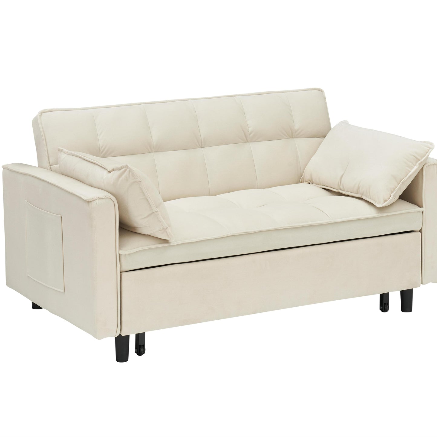 Modern Velvet Sofa Bed 3-in-1 Convertible Lounge with Backrest, Pillow, Pockets in Beige Black Pink-Gray, Velvet Fabric, Solid Wood Frame, 55 x 33 x 32.28 Inches  W3371P314973