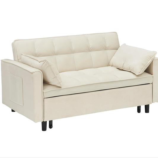 Modern Velvet Sofa Bed 3-in-1 Convertible Lounge with Backrest, Pillow, Pockets in Beige Black Pink-Gray, Velvet Fabric, Solid Wood Frame, 55 x 33 x 32.28 Inches  W3371P314973