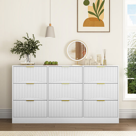 White 9 Drawer Dresser, 63' Large Deep Chest of Drawers, Wooden Dresser Storage Cabinet with 9 Drawers for Bedroom, Long Dressers for Living Room, Hallway, Drawer panel with wavy patterns  W409P307539