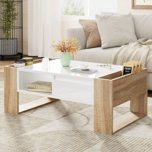 ON-TREND High Glossy Coffee Table with 2 Drawers, Practical Two Tone Center Table with Hidden Compartments, Rectangle Cocktail Table with Open Storage Shelf for Living Room, Bedroom, White, 41.3*23.6' N721P205792K