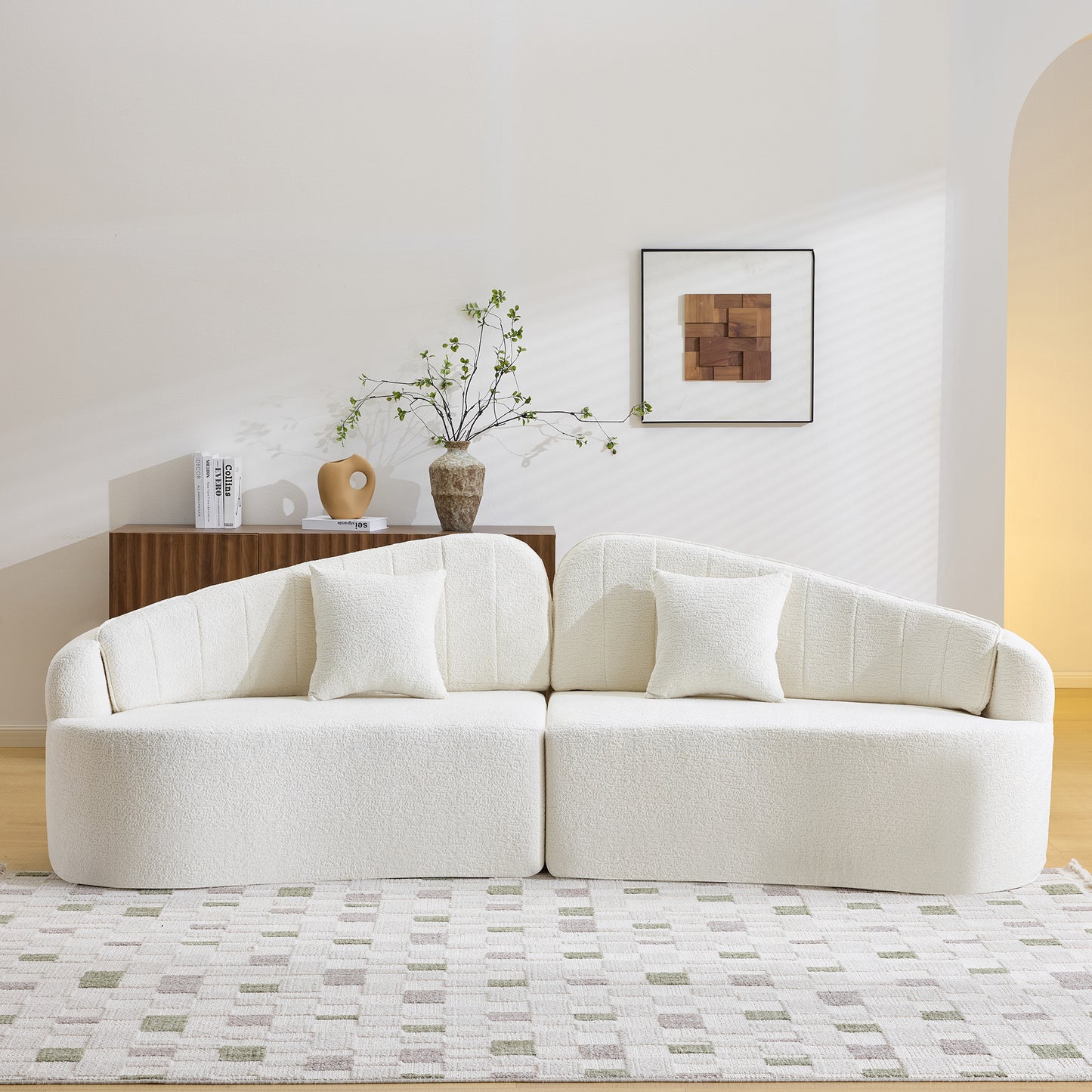 Curved four-seat fully compressed sofa, long-term sitting without collapse, removable backrest, white chenille fabric, simple, retro style, suitable for small spaces and apartments W3612S00043