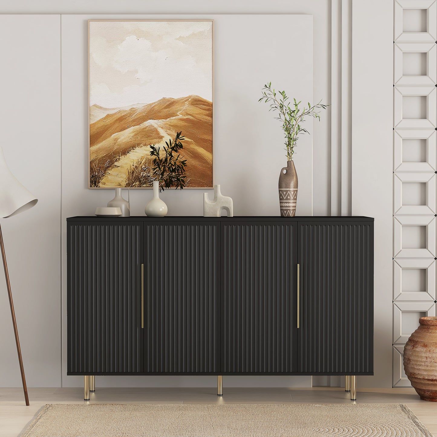 Black Modern Buffet Cabinet with Storage, Fluted Sideboard Large Buffet with Adjustable Shelves, Credenza, Accent Cabinet Console Table  W1321P171785