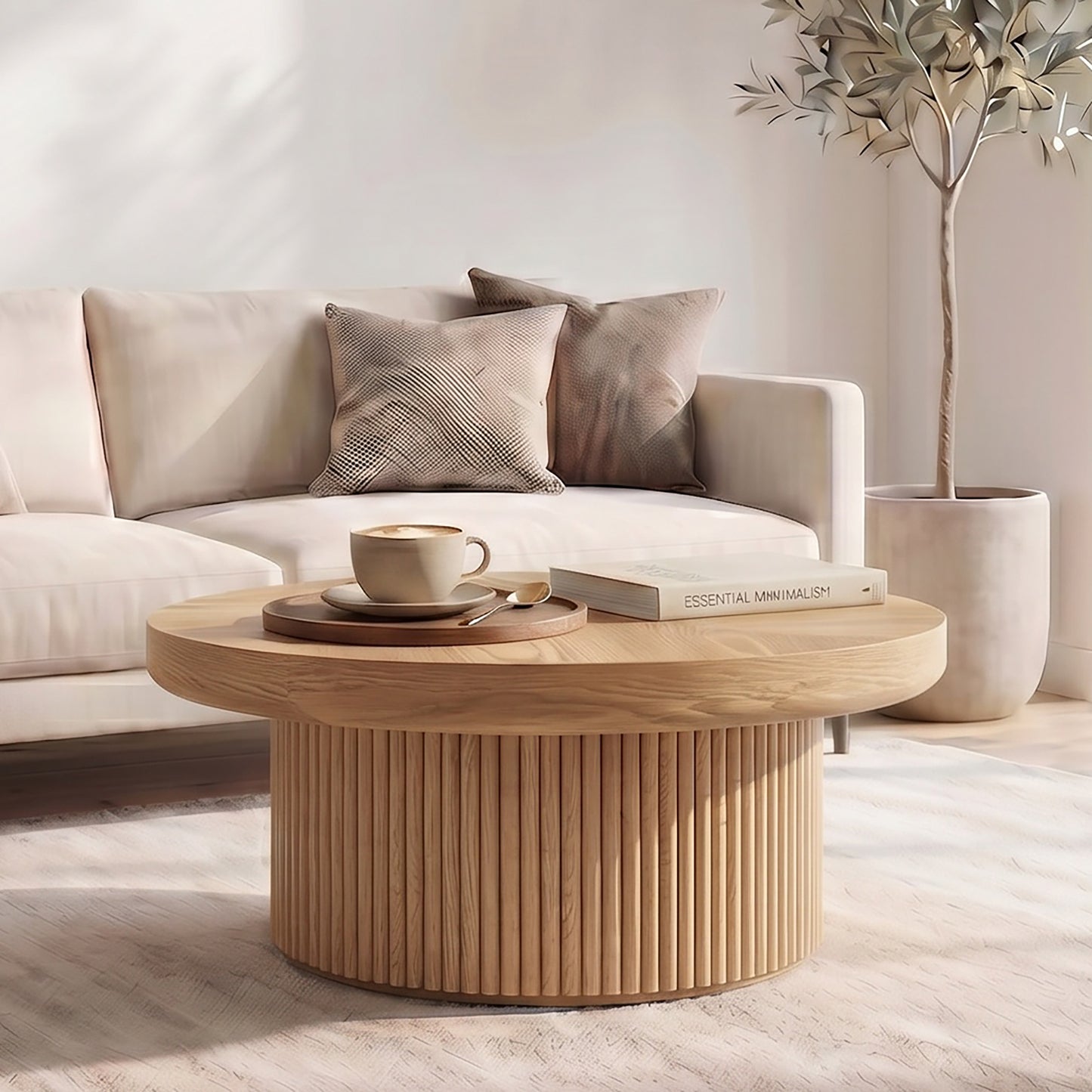 33.5'' Round Fluted Coffee Table with Real Wood Parquet Pattern Top & Cylindrical Base, Thickened Tabletop, Mid-Century Modern Circle Cocktail Table for Living Room, Small Space, Natural Wood  W1435P507458