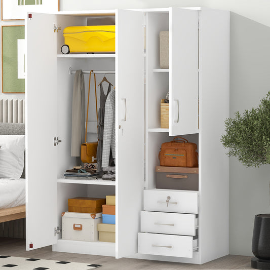 2-Doors Wooden Wardrobe Storage for Bedroom, with Shelves and 3 Drawers, White  N820000011K