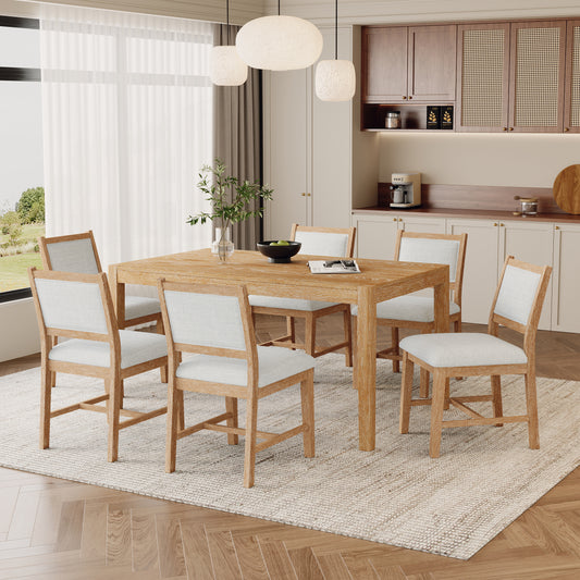 TREXM 7-Piece Retro Dining Table Set for 6, 1 Rectangular Wood Dining Table Set for 6 with Upholstered Chairs for Dining Room and Kitchen (Natural)  ST000143AAN