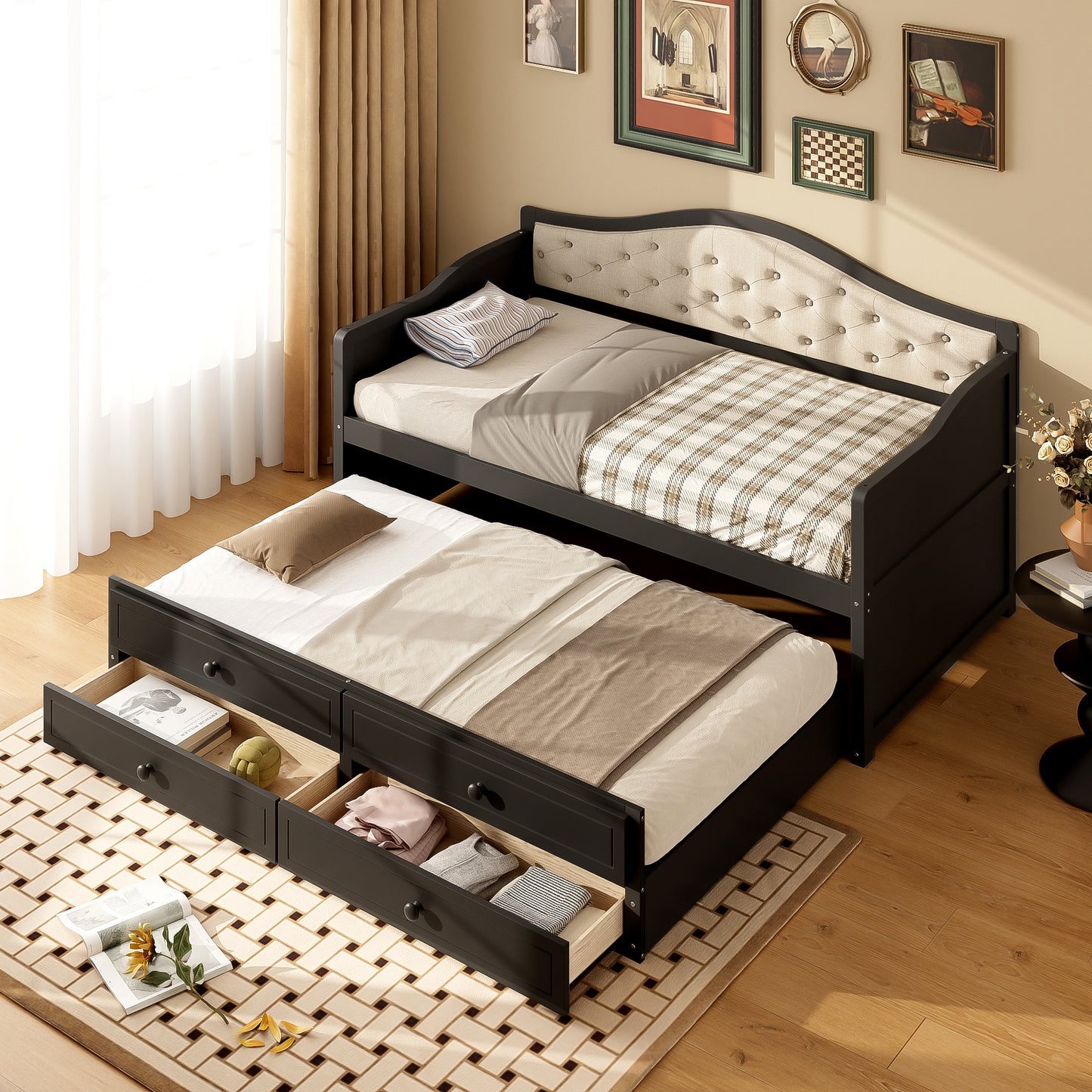 Twin Daybed with Trundle, Twin Size Daybed with 2 Storage Drawers, Wooden Sofa Bed with Upholstered Button Tufted Backrest for Living Room, Bedroom, Guest Room,Black N733S346767P