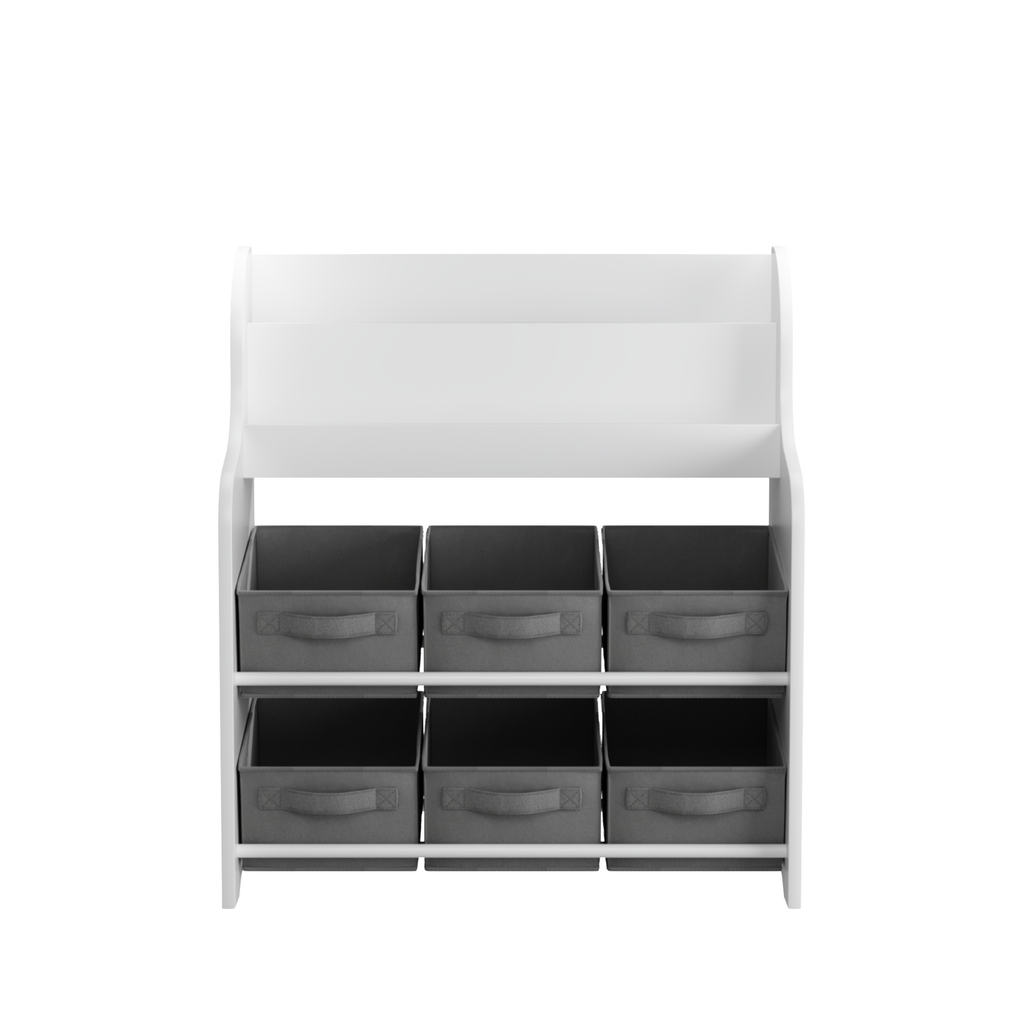 Kids Bookshelf with 6 Fabric Storage Bins, Multi-Functional Children's Bookcase and Toy Organizer in White & Gray, MDF Construction, 24.8 x 11.8 x 27.95 inches W808P346015