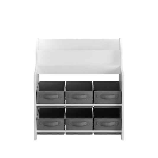 Kids Bookshelf with 6 Fabric Storage Bins, Multi-Functional Children's Bookcase and Toy Organizer in White & Gray, MDF Construction, 24.8 x 11.8 x 27.95 inches W808P346015