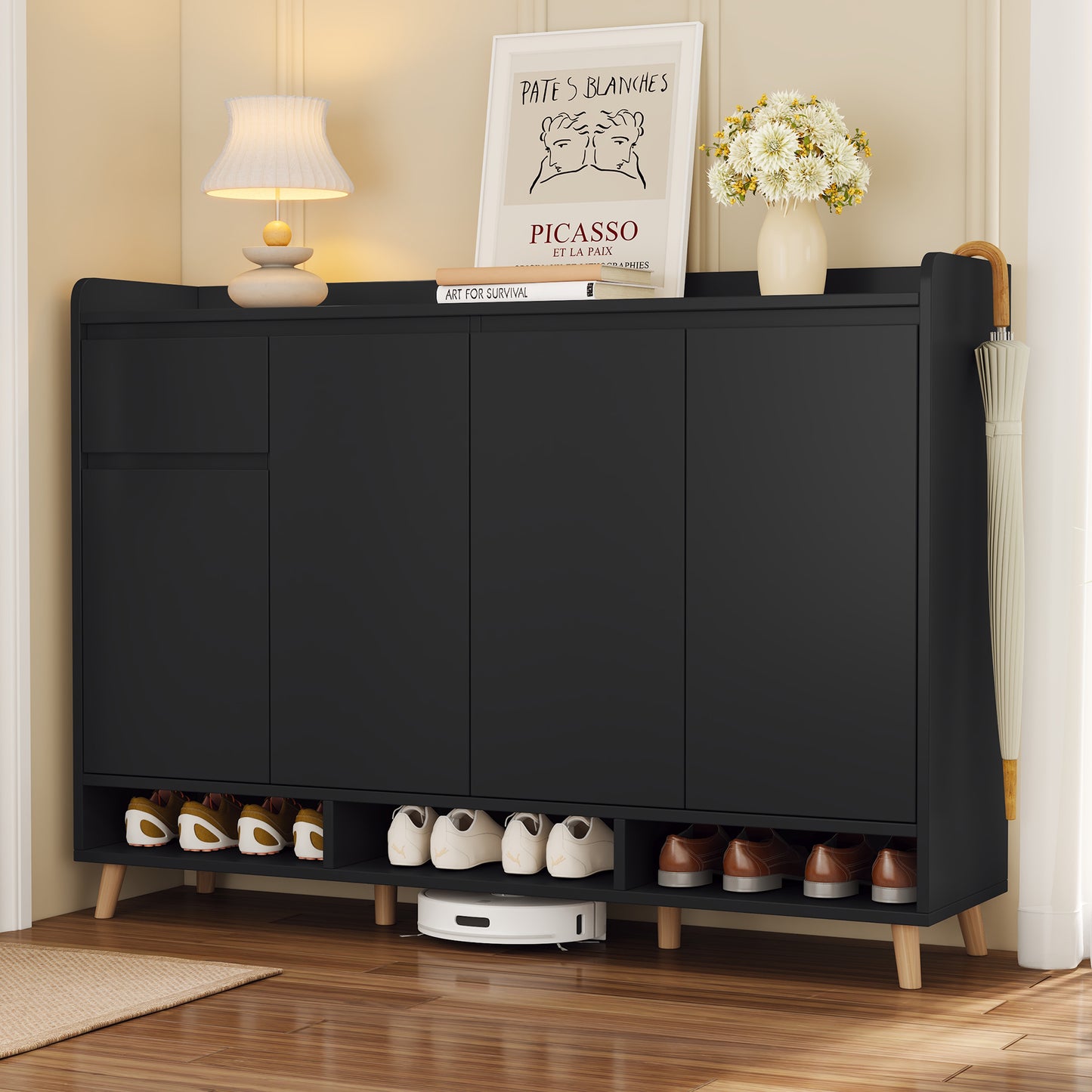 ON-TREND Sleek and Contemporary Shoe Cabinet with Adjustable Shelves, Minimalist Home Organizer with Solid Wood Legs, Storage Sideboard for Entryway, Living Room, Black   N721S000058B