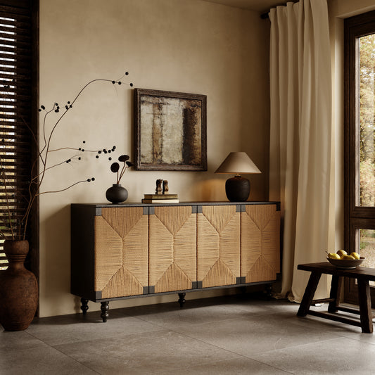 Accent Natural Sideboard Buffet Cabinet Storage Wood TV Stand in Wire-Brushed and Seagrass Doors Sideboard, for Hallway, Entryway or Dining Room  W2263P395490