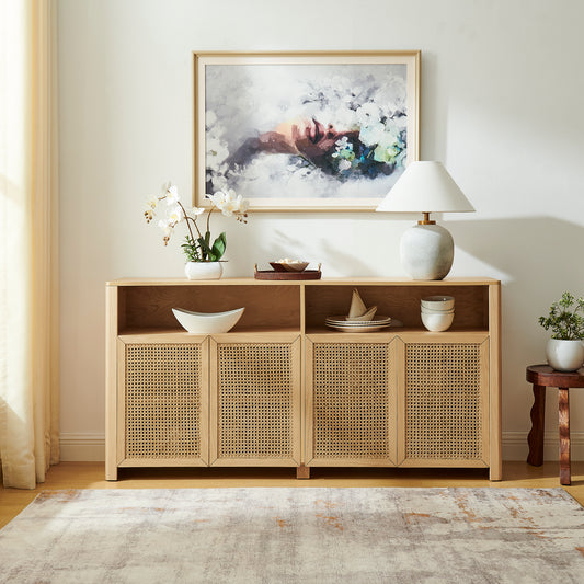 63' Mid Century Modern Rattan Sideboard Buffet Cabinet with Storage, Retro Coffee Bar Wine Bar Credenza, Large Media Console Table for Living Room/Entryway/Kitchen, Natural W1801P371656