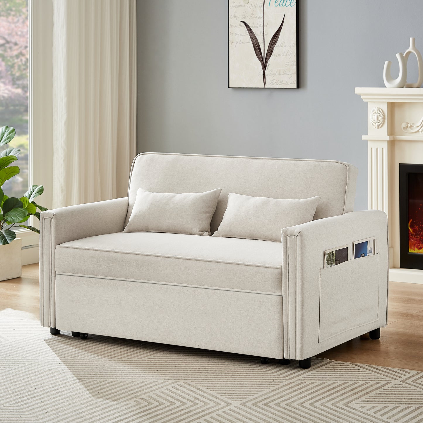 Modern Linen Convertible Loveseat Sleeper Sofa Couch with Adjustable Backrest, 2 Seater Sofa With Pull-Out Bed with 2 Lumbar Pillows For Small Living Room & Apartment  W1123111006