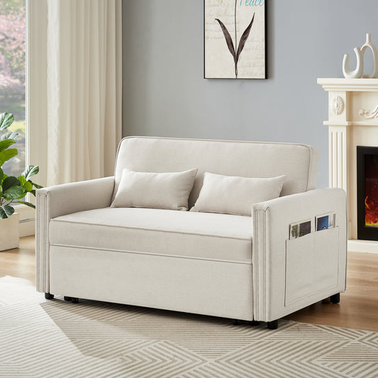 Modern Linen Convertible Loveseat Sleeper Sofa Couch with Adjustable Backrest, 2 Seater Sofa With Pull-Out Bed with 2 Lumbar Pillows For Small Living Room & Apartment  W1123111006