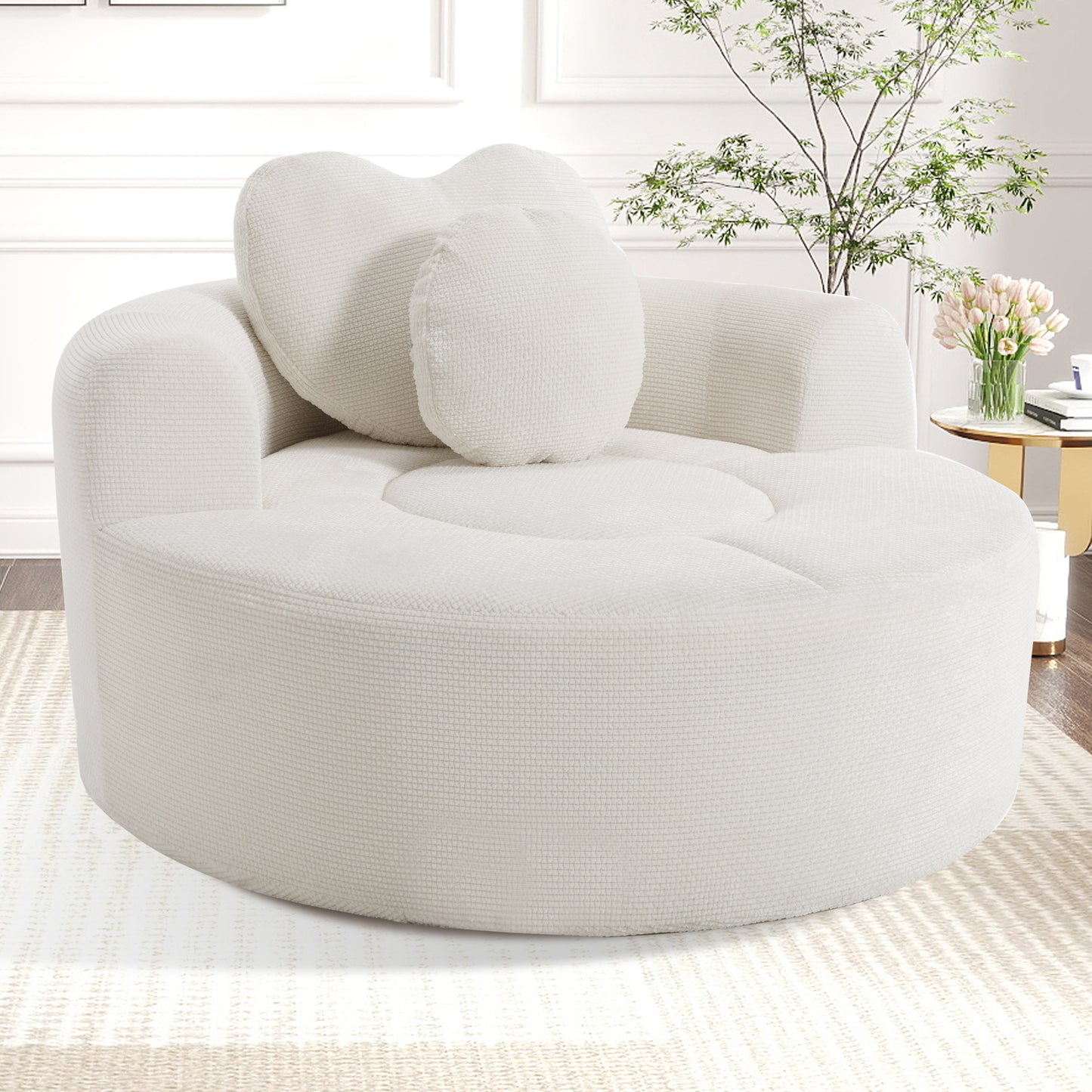 Round Sofa Bed with Memory Foam Sectional Couches for Living Room, Cloud Couch with two pillows, Beige  W3224P491994