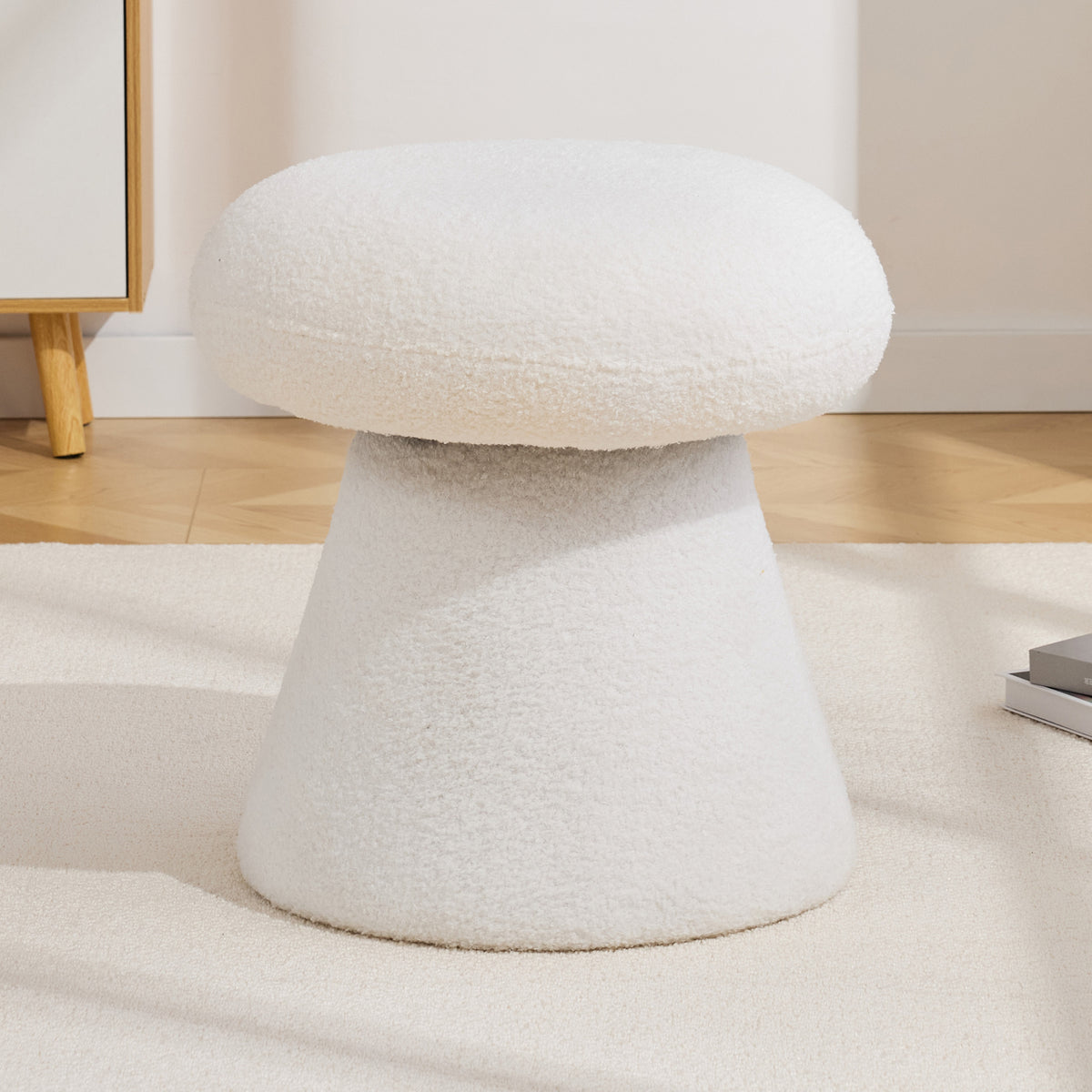 066-Teddy Fabric Soft-padded Footstool, Mushroom shaped Ottoman, Shoe-changing Stool, Makeup Stool,No Installation Required, Suitable For Bedrooms, Living Rooms, Powder Rooms Or Entrances, White  W527P376192