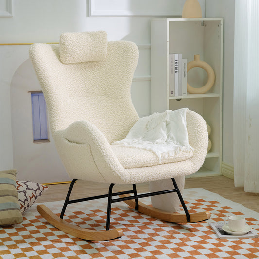 Rocking Chair Nursery, Teddy Upholstered Rocker Glider Chair with High Backrest, Adjustable Headrest & Pocket, Comfy Glider Chair for Nursery, Bedroom, Living Room, Offices, Rubber wood, beige  W680127248