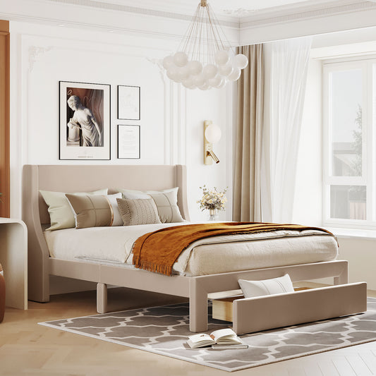 Queen Size Storage Bed Velvet Upholstered Platform Bed with a Big Drawer - Beige  WF299263AAA