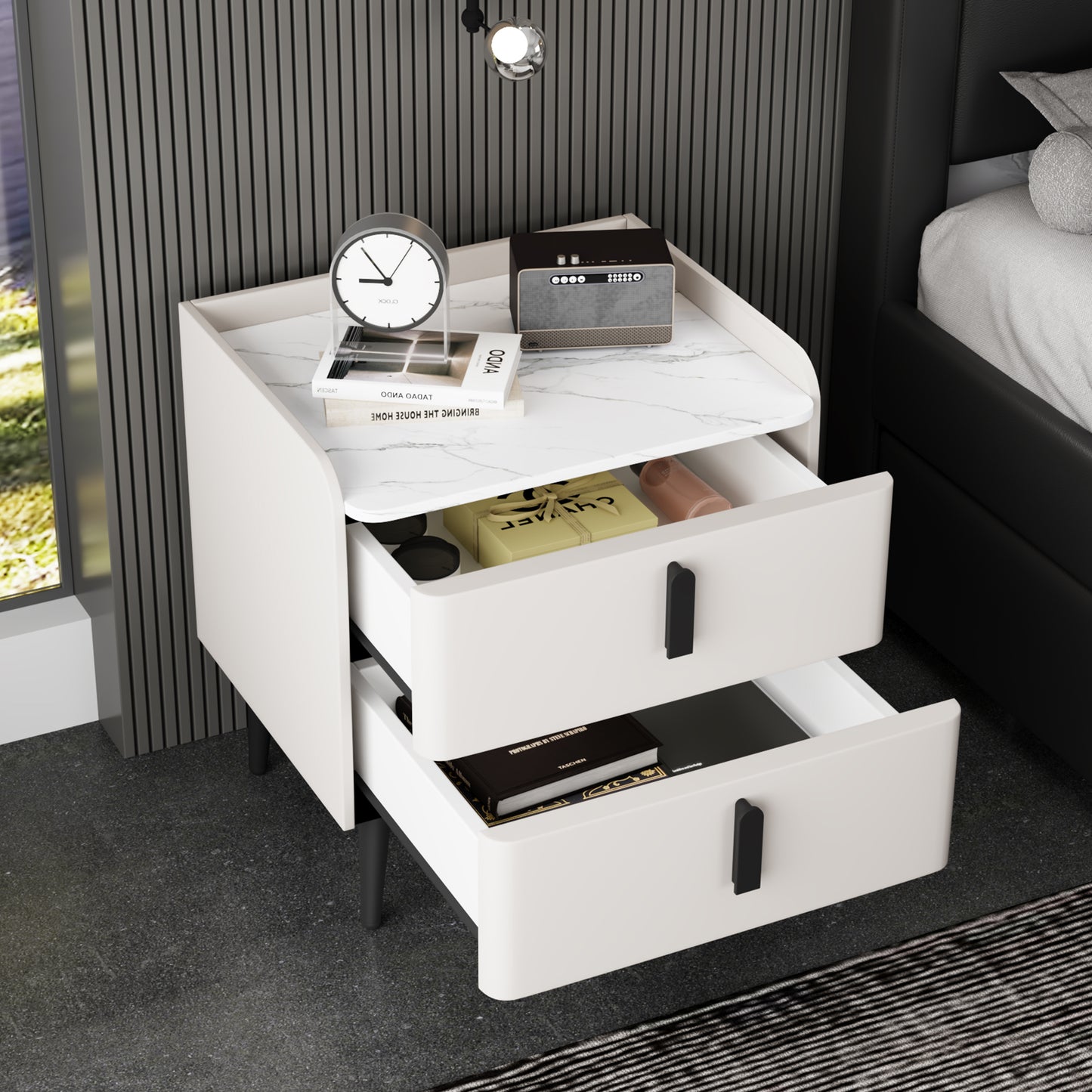 Nightstand with 2 Drawers, Night Stand with Marble-Pattern Tabletop, Modern Beside Table for Bedroom, End Table for Living Room, White N733P332142K