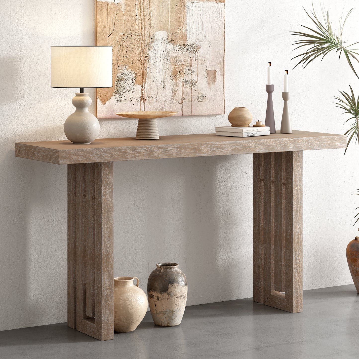 U_STYLE Uniquely Designed Oak Veneer Console Table with Distinctive Side Shapes, Suitable for Entryway, Hallway, Living Room, Foyer, Corridor  N711P241282A