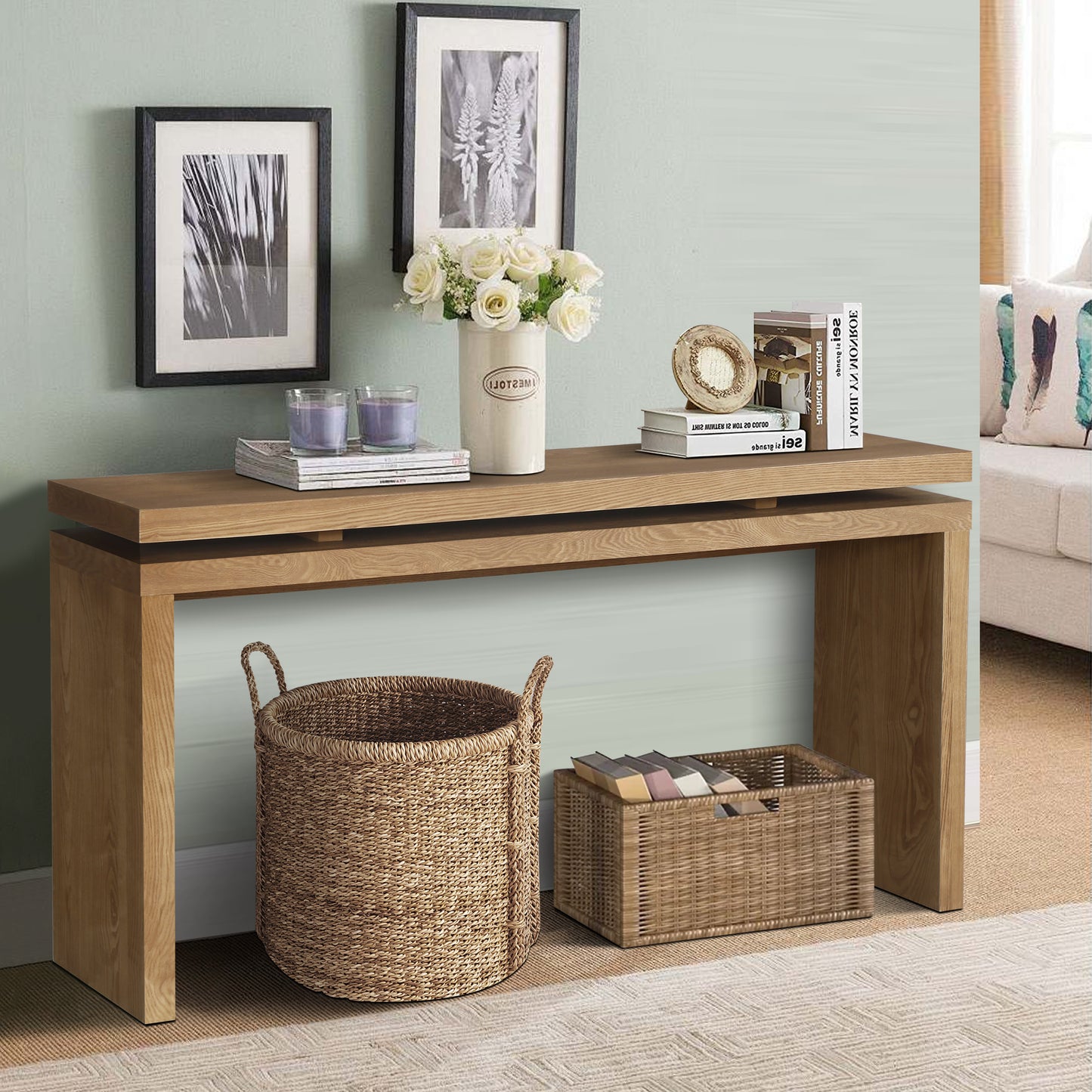 60'' Antique Brown Farmhouse Console Table - Retro Wooden Entryway Table with Double Board Suspension Design, Solid Wood & MDF, Sofa Table for Living Room W1445P317058