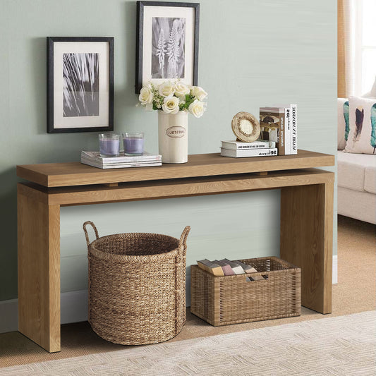 60'' Antique Brown Farmhouse Console Table - Retro Wooden Entryway Table with Double Board Suspension Design, Solid Wood & MDF, Sofa Table for Living Room W1445P317058