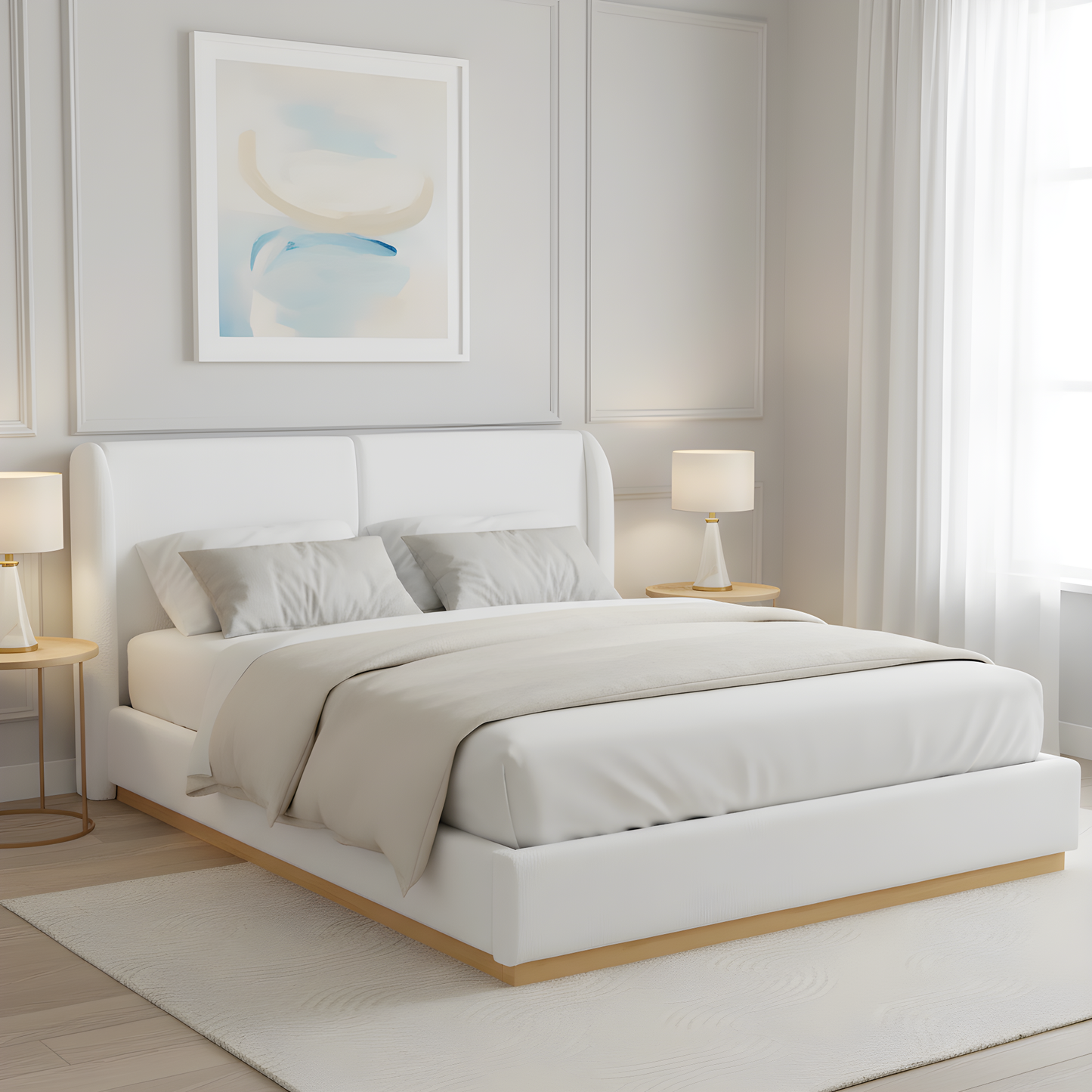 Modern White Bouclé Winged Bed Frame with Enclosed Wood Base, Queen Size  N769Q376582W