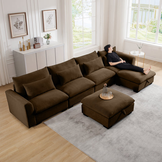 Big Deep Seat U-Shaped Corduroy Sectional Couches for Living Room, 4 Seater Sofa Couch with 2 Storage Footstool and 4 Waist Pillows (Corduroy, Brown) W714S00664
