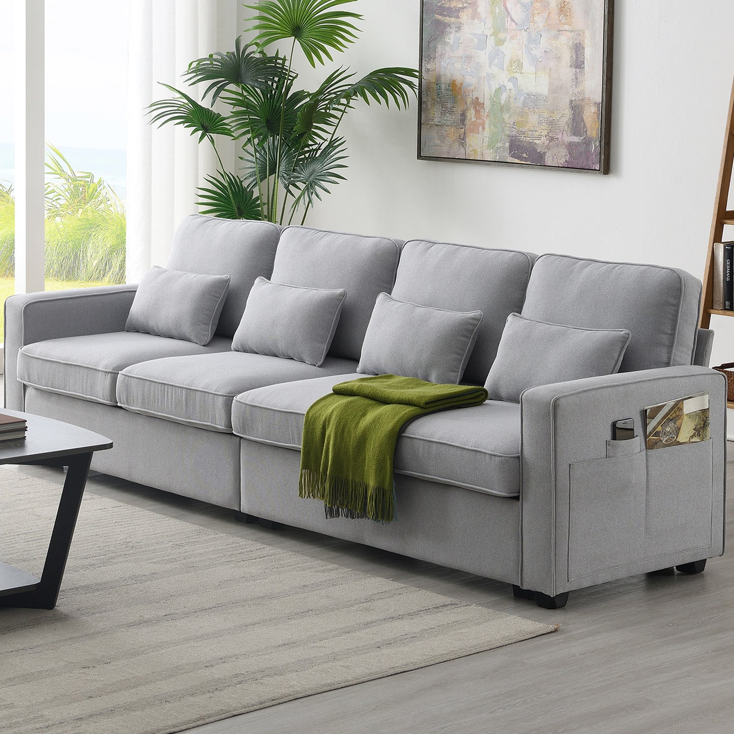 [VIDEO provided] [New] 104' 4-Seater Modern Linen Fabric Sofa with Armrest Pockets and 4 Pillows,Minimalist Style Couch for Living Room, Apartment, Office,3 Colors  GS008086AAE