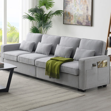[VIDEO provided] [New] 104' 4-Seater Modern Linen Fabric Sofa with Armrest Pockets and 4 Pillows,Minimalist Style Couch for Living Room, Apartment, Office,3 Colors  GS008086AAE