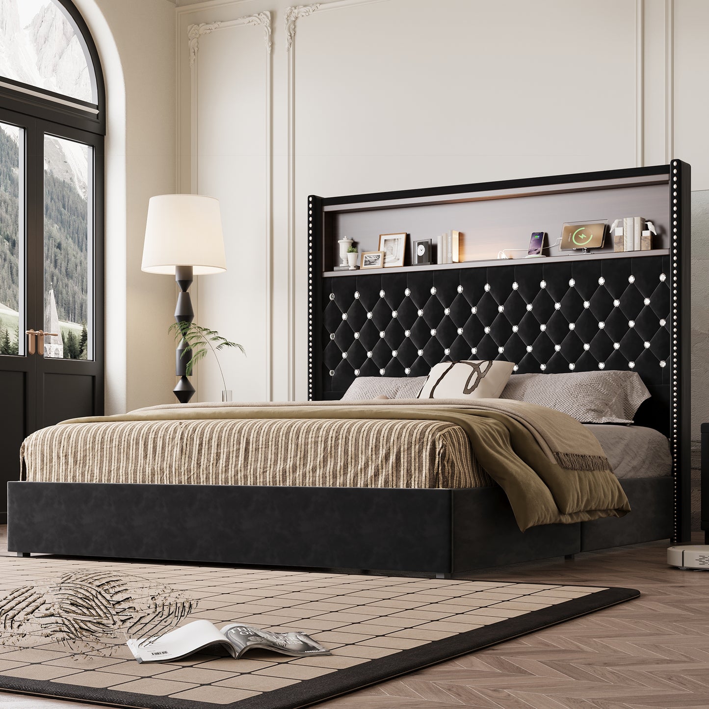 Queen Size Velvet Tufted Soft Bed Frame with USB Port and Night Light,52'' High Headboard with Rivet Decoration, Wing-back Platform Bed with Headboard Shelf, Black N733P367135B