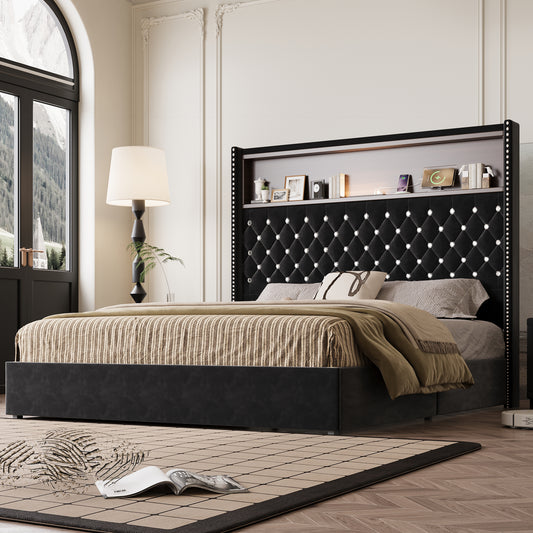 Queen Size Velvet Tufted Soft Bed Frame with USB Port and Night Light,52'' High Headboard with Rivet Decoration, Wing-back Platform Bed with Headboard Shelf, Black N733P367135B