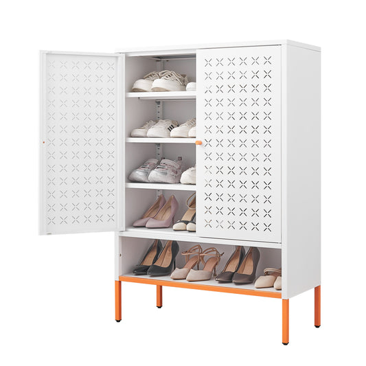 Grid Double Door Shoe Cabinet with Adjustable Compartments and Moisture-Proof Design in White Metal W1247P257578