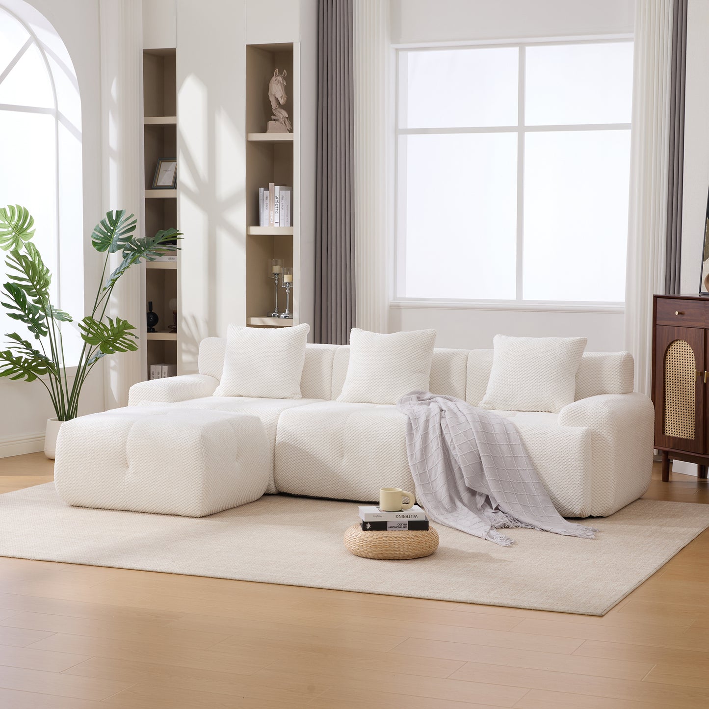 104.3' 4-Piece L Shaped Upholstered Modular Sectional Sofa, Oversized 3-Seater Boneless Convertible Cloud Tufted Couch Set with Deep Seat & Movable Ottoman 3 Pillows for Living Room,No Assembly, Ivory W3118S00019