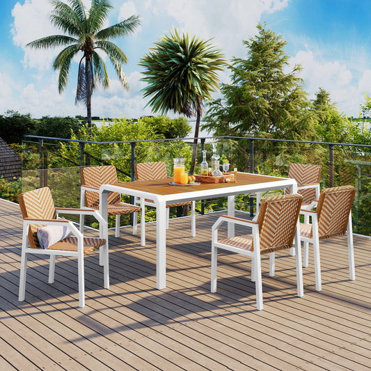 GO 7 Piece Patio Dining Table Set, Outdoor Wicker Furniture Set of 6 Chairs, Two Tone Weave Rattan, Acacia Wood Tabletop, Outdoor Dining Set for Backyard and Garden, Brown  N704G201242A