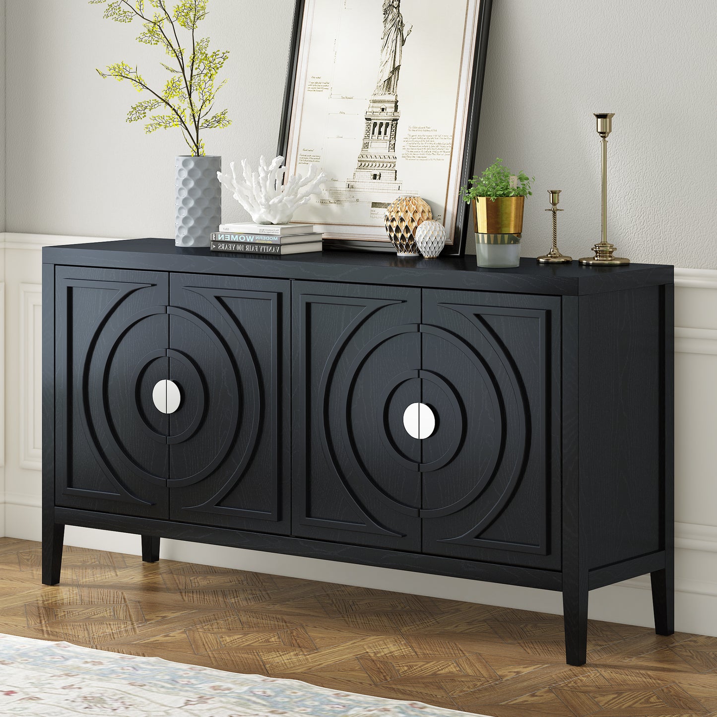 TREXM Retro Sideboard door with Circular Groove Design Round Metal Door Handle for Entrance, Dinning Room, Living Room (Black)  WF307723AAB
