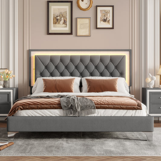 Queen Size Upholstered Bed Frame with LED Lights,Modern Velvet Platform Bed with Tufted Headboard,Gray  N733P183657E
