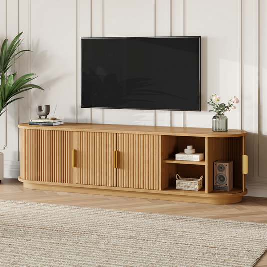 [Assembly Video] Farmhouse Wooden TV Stand with Sliding Tambour Door for TVs up to 75', Fluted Media Console with Adjustable Storage, Golden Handle TV Cabinet with Cable holes for Living Room, Natural N721P351937D