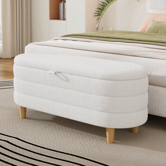 Elegant Upholstered Sherpa Fabric  Storage Ottoman with Wood Legs, Storage Bench for Bedroom, Living Room, White  N733P177309A
