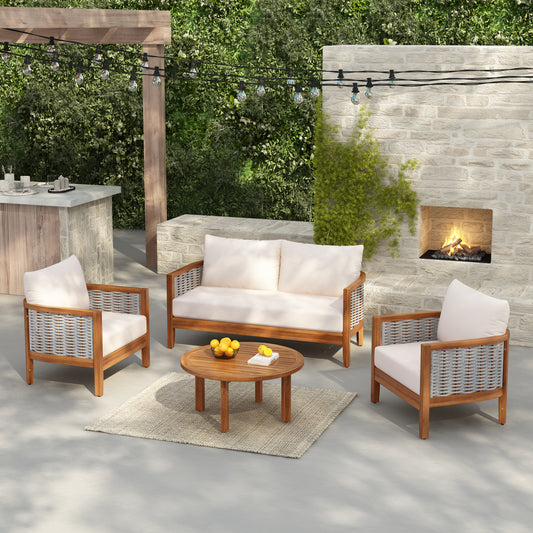 Outdoor Unique Tub Design 4-Seat Sofa Set with Woven Rope, 4 Pieces Acacia Wood Patio Furniture Set, Deep Seating with Soft Cushions for Porch, Garden, Backyard, Balcony, Teak Finish & Beige Cushion N780P24585960G
