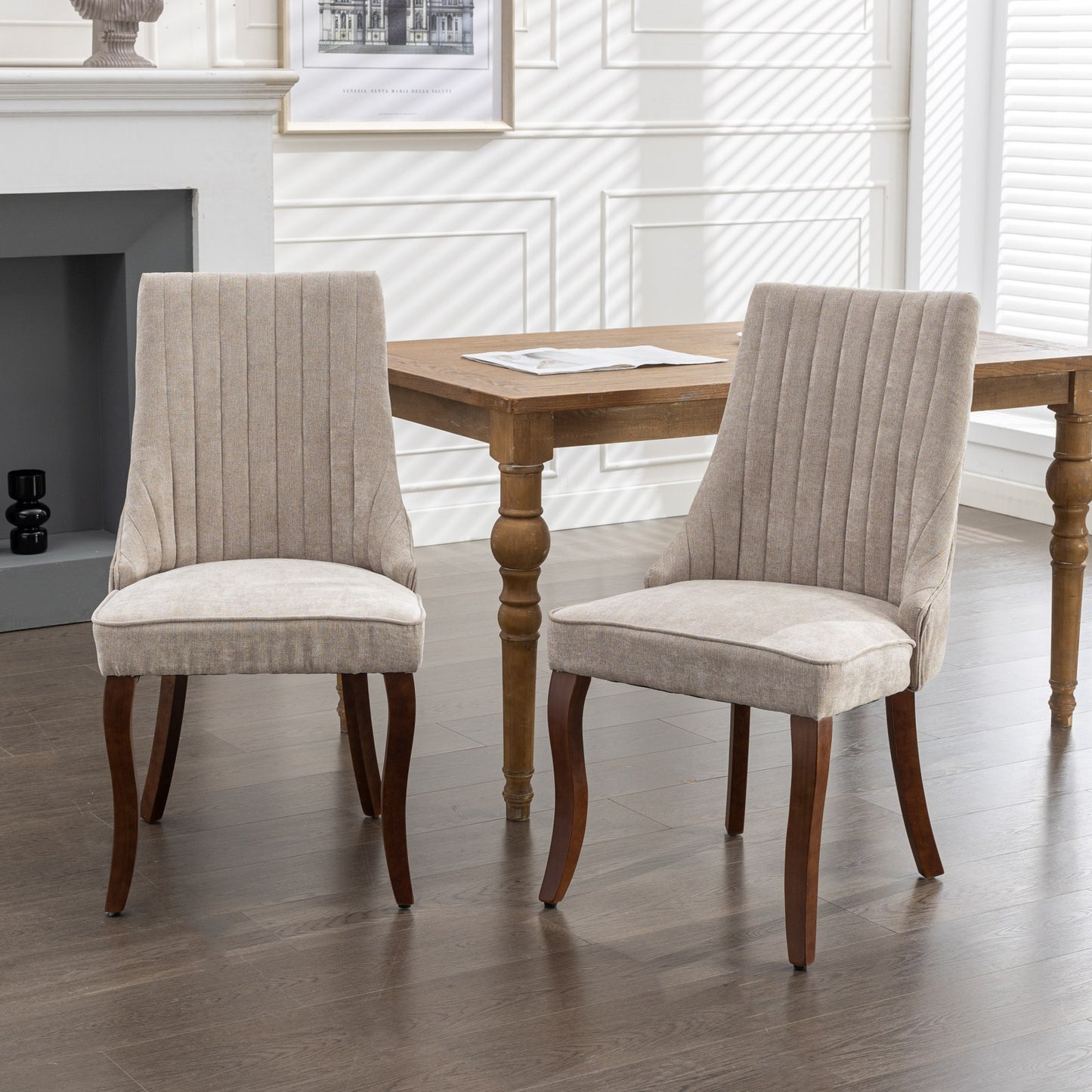 Rayon Cloth Flocking Linen Dining Chairs Channel Kitchen Dinner Chair Comfy Fabric Upholstered Accent Chair for Dining Room with Curved Solid Wood Legs,Set of 2 (Beige), SW1847BG  W1143P151492