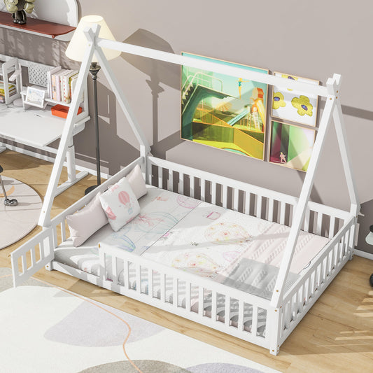 Full Tent-shaped Floor Bed, with Guardrails, Slats, Door ,White  W504119507